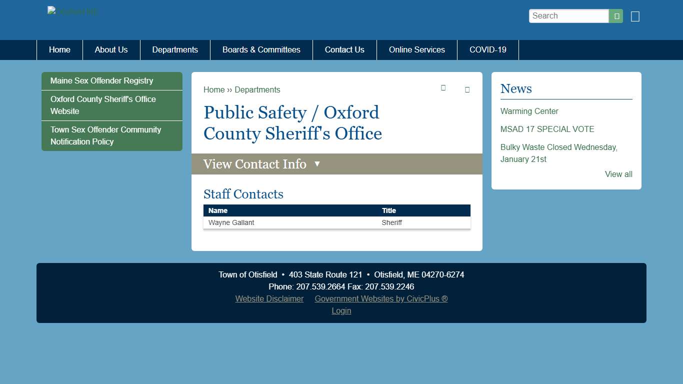 Public Safety / Oxford County Sheriff's Office Otisfield ME