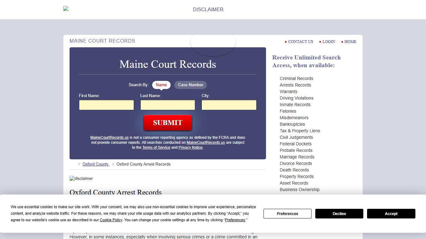 Oxford County Arrest Records MaineCourtRecords.us